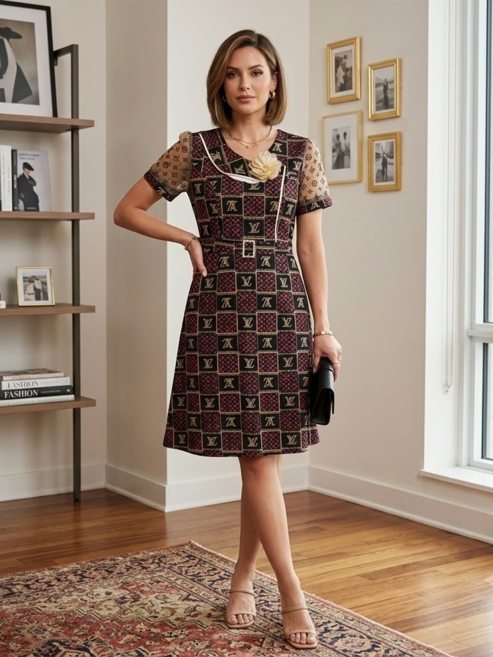 Vintage-Vibe Monogram Checkerboard Dress with Floral Accent & Sheer Sleeves